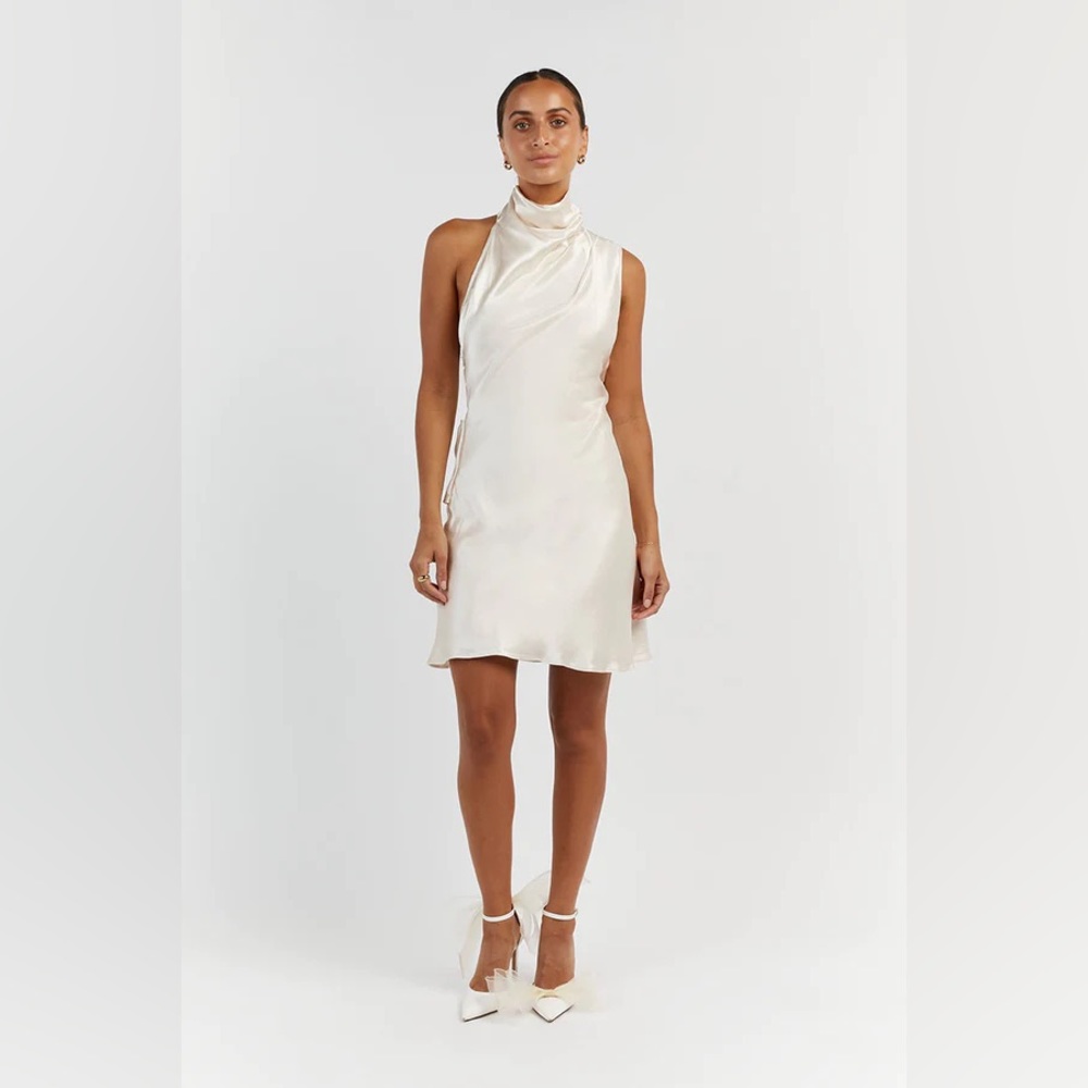 DISSH Aisle Pearl Satin Backless Mini Dress